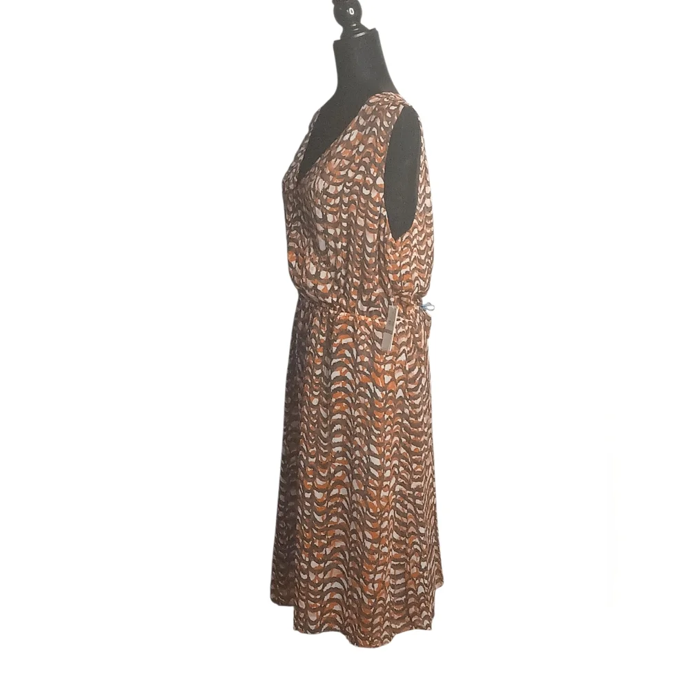 Chaus Women's Brown, White, and Pink Tiger Lily Pattern Midi Faux Wrap Dress.